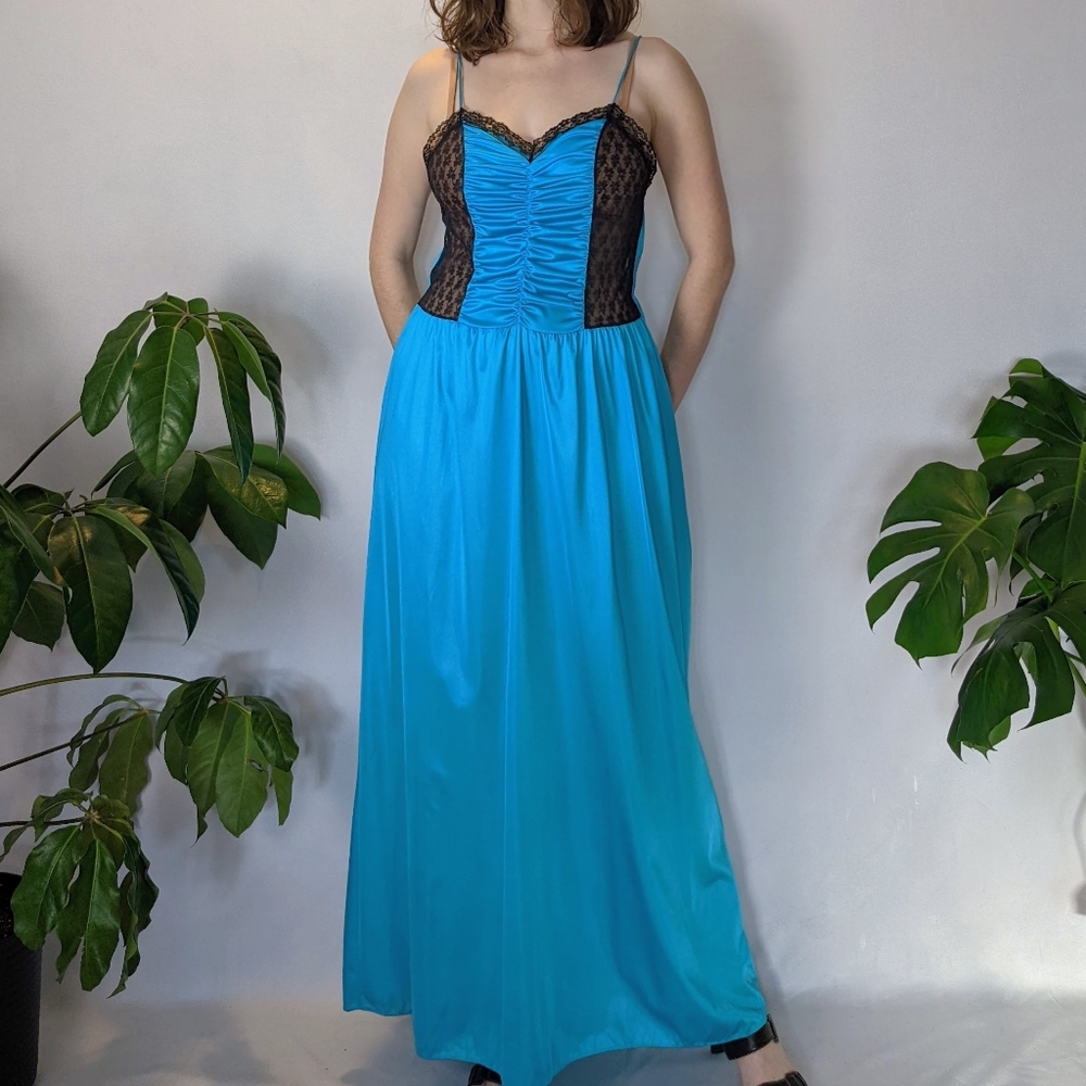 Vintage Turquoise Satin Slip Dress 1980s Undercover Wear